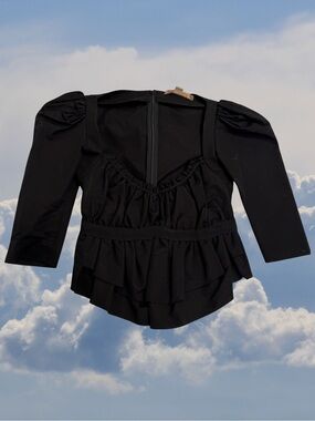Brock Collection Black Puff-Sleeve Ruffle Peplum Crop Top